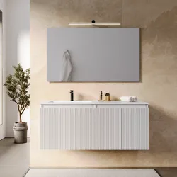 Mobile bagno sospeso 120 cm bianco opaco cannettato con lavabo sx e specchio - Nerk