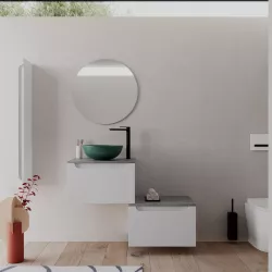 Mobile bagno sospeso 60 cm bianco opaco con cassettone e top grigio pietra con specchio - Sleek