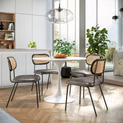 Set 4 sedie in similpelle grigia con schienale in rattan e gambe in metallo nero - Vernon