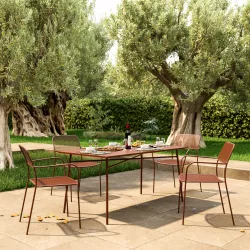 Set pranzo con tavolo 150x80 cm e 4 sedie con braccioli in acciaio terracotta - Faber