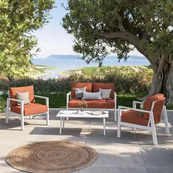 Set relax 4 posti in alluminio bianco con schienale in corda intrecciata terracotta e cuscini - Berillo