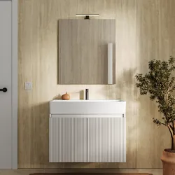 Mobile bagno sospeso 80 cm con ante bianco opaco cannettato con lavabo e specchio - Nerk