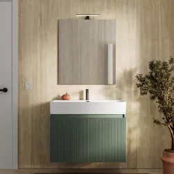 Mobile bagno sospeso 80 cm con ante verde cemento cannettato con lavabo e specchio - Nerk