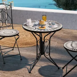 Tavolo da giardino rotondo 60 cm in metallo nero con decorazione mosaico mandala - Otranto