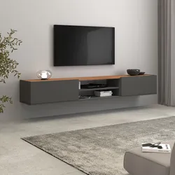 Mobile porta tv 210x30h cm antracite opaco top rovere wotan con 2 ante sospeso e a terra - Loira