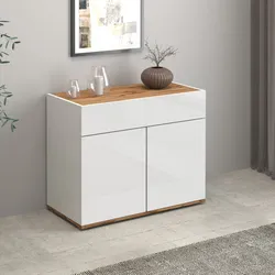 Madia 80x70h cm bianco lucido top rovere wotan con 2 ante 1 cassetto - Loira