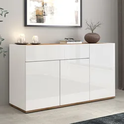 Madia 120x70h cm bianco lucido top rovere wotan con 3 ante 1 cassetto - Loira