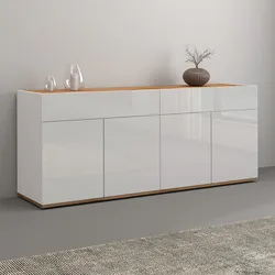 Madia 160x70h cm bianco lucido top rovere wotan con 4 ante 2 cassetti - Loira