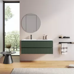 Mobile bagno 120 cm verde autunno opaco cannettato con lavabo integrato sx e specchio - Gaia