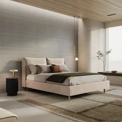Letto matrimoniale 160x190 cm in tessuto effetto maglia beige con piedi in legno - Tenero