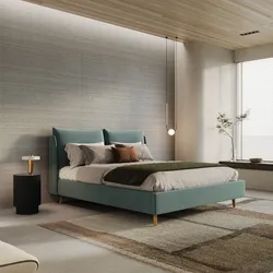 Letto matrimoniale 160x190 cm in tessuto effetto maglia verde salvia con piedi in legno - Tenero