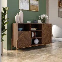 Madia 120x77h cm in legno noce effetto parquet con 2 ante e struttura in metallo oro bronzato - Mufasa
