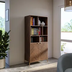 Libreria 80x172h cm in legno noce effetto parquet con 2 ante e struttura in metallo oro bronzato - Mufasa