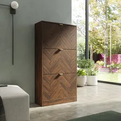 Scarpiera 60x117h cm in legno noce effetto parquet con 3 ante a ribalta e maniglie oro bronzato - Mufasa