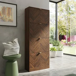 Scarpiera 60x153h cm legno noce effetto parquet con 4 ante a ribalta e maniglie oro bronzato - Mufasa