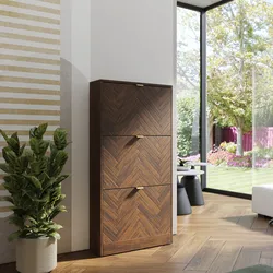 Scarpiera salvaspazio 60x117h cm in legno noce effetto parquet 3 ante a ribalta e maniglie oro bronzato - Mufasa