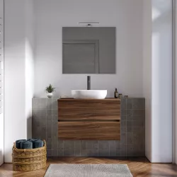 Mobile bagno sospeso con cassetti 90 cm rovere deciso con top e specchio - Cuki