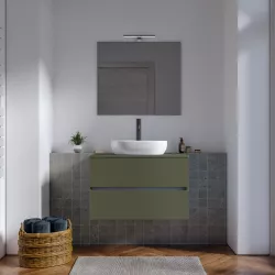 Mobile bagno sospeso con cassetti 90 cm verde cemento con top e specchio - Cuki