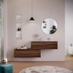 Mobile bagno sospeso 120 cm rovere deciso dx con cassettone e lavabo con specchio - Sleek