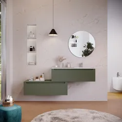 Mobile bagno sospeso 120 cm verde cemento dx con cassettone e lavabo con specchio - Sleek