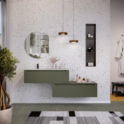 Mobile bagno sospeso 120 cm verde cemento sx con cassettone e lavabo con specchio - Sleek