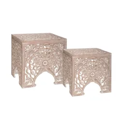 Set 2 tavolini sovrapponibili intagliati in legno bianco anticato