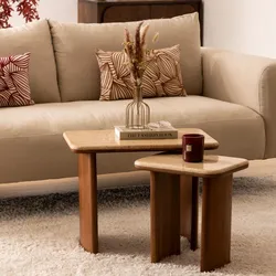 Set 2 tavolini sovrapponibili in legno di acacia con top in marmo travertino - Jelena