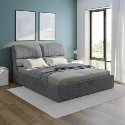 Letto matrimoniale contenitore 160x190 cm con testata sofà imbottita in tessuto cenere - Zulai