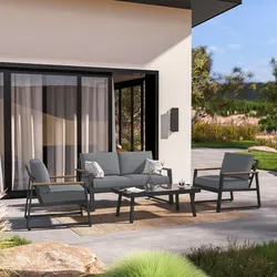 Set relax divano 2 poltrone e tavolino con top in vetro in alluminio antracite con cuscini - Sombrero