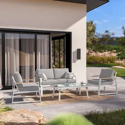 Set relax divano 2 poltrone e tavolino con top in vetro in alluminio bianco con cuscini - Sombrero