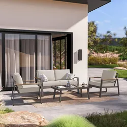 Set relax divano 2 poltrone e tavolino con top in vetro in alluminio tortora con cuscini - Sombrero