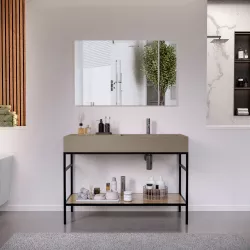 Mobile bagno a terra 120 cm nero e rovere con lavabo beige in resina dx e specchio - Axis