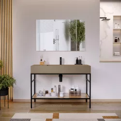 Mobile bagno a terra 120 cm nero e rovere con lavabo beige in resina e specchio - Axis