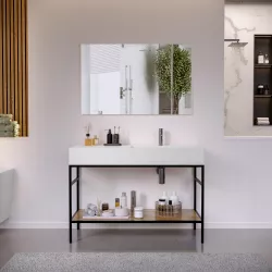 Mobile bagno a terra 120 cm nero e rovere con lavabo bianco in resina dx e specchio - Axis