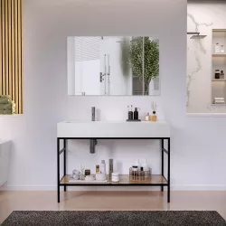 Mobile bagno a terra 120 cm nero e rovere con lavabo bianco in resina sx e specchio - Axis