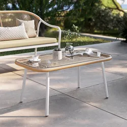 Tavolino da esterno 88x48 cm acciaio bianco con top in vetro e dettagli in corda tortora - Eivissa