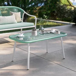 Tavolino da esterno 88x48 cm alluminio bianco con top in vetro e dettagli in corda verde tiffany - Eivissa