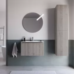 Mobile bagno sospeso 70 cm rovere iron effetto cannettato con lavabo e specchio - Lameck