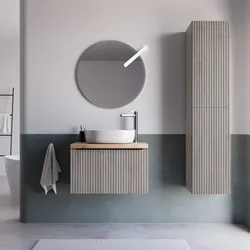 Mobile bagno sospeso 70 cm rovere iron effetto cannettato con top rovere gold e specchio - Lameck