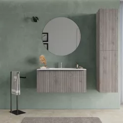 Mobile bagno sospeso 90 cm rovere iron effetto cannettato con lavabo in ceramica e specchio - Lameck