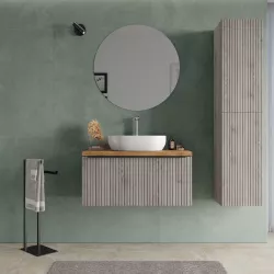 Mobile bagno sospeso 90 cm rovere iron effetto cannettato con top rovere gold e specchio - Lameck