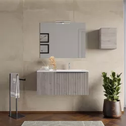 Mobile bagno sospeso 100 cm con cassetto rovere iron effetto cannettato e anta con lavabo in ceramica dx e specchio - Lameck