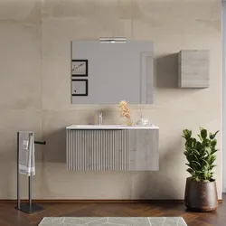 Mobile bagno sospeso 100 cm con cassetto rovere iron effetto cannettato e anta con lavabo in ceramica sx e specchio - Lameck