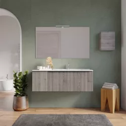 Mobile bagno sospeso 120 cm rovere iron effetto cannettato con anta e lavabo dx con specchio - Lameck