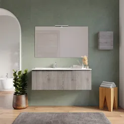 Mobile bagno sospeso 120 cm rovere iron effetto cannettato con anta e lavabo sx con specchio - Lameck