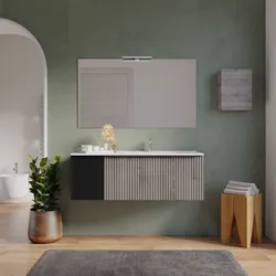 Mobile bagno sospeso 120 cm rovere iron effetto cannettato con anta nero opaco e lavabo dx con specchio - Lameck