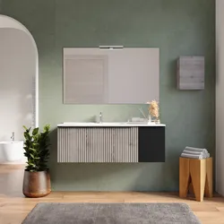 Mobile bagno sospeso 120 cm rovere iron effetto cannettato con anta nero opaco e lavabo sx con specchio - Lameck