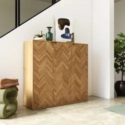 Scarpiera 121x114h cm rovere chiaro effetto parquet con maniglie nero e 3 ante - Mufasa