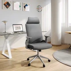 Poltrona da ufficio girevole in tessuto mesh grigio con poggiatesta e braccioli - Solace