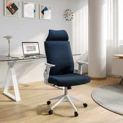 Poltrona da ufficio girevole in tessuto mesh blu con poggiatesta e braccioli bianchi - Solace
